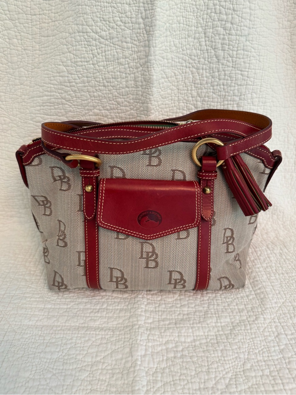 Dooney & Bourke Signature Canvas Red Leather Satchel Shoulder Bag